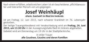 Traueranzeige von Josef Weinhäupl von OÖNachrichten