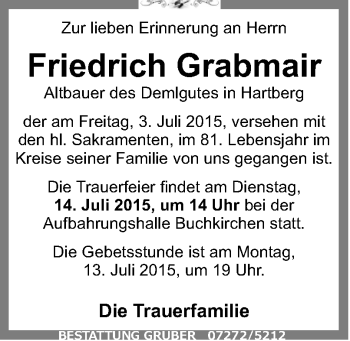 Traueranzeige von Friedrich Grabmair von OÖNachrichten