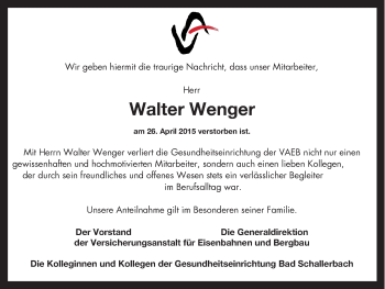 Traueranzeige von Walter Wenger von OÖNachrichten