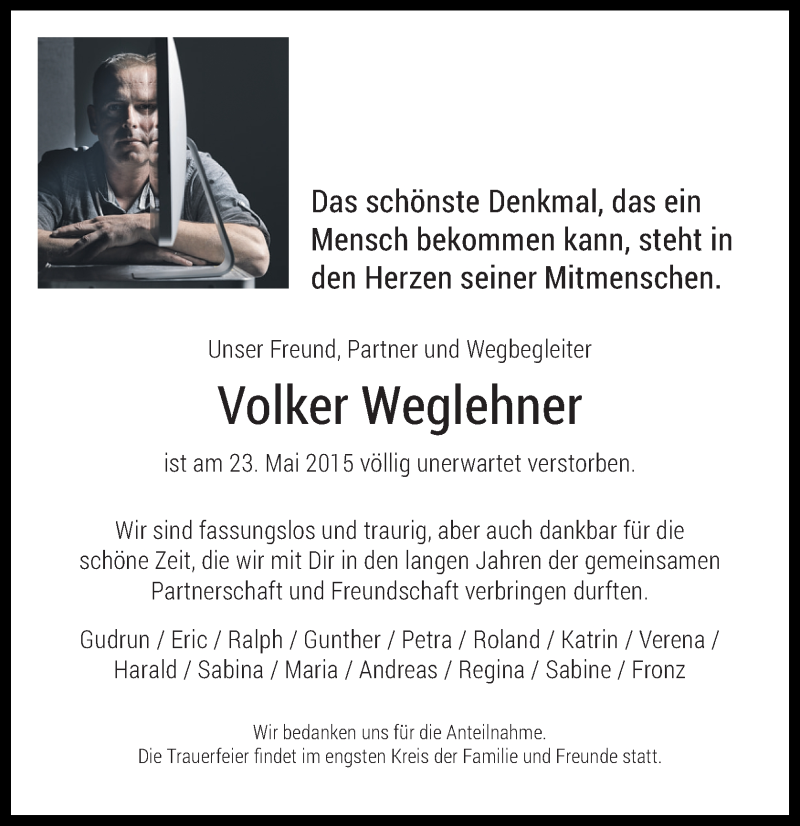  Traueranzeige für Volker Weglehner vom 30.05.2015 aus OÖNachrichten