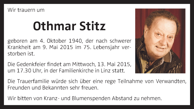  Traueranzeige für Othmar Stitz vom 12.05.2015 aus OÖNachrichten