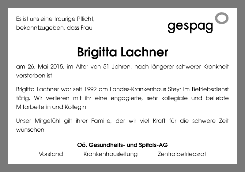  Traueranzeige für Brigitta Lachner vom 05.06.2015 aus OÖNachrichten