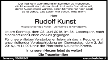 Traueranzeige von Rudolf Kunst von OÖNachrichten