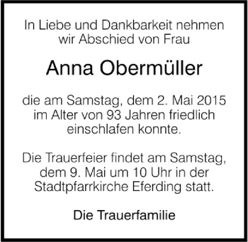 Traueranzeige von Anna Obermüller von OÖNachrichten