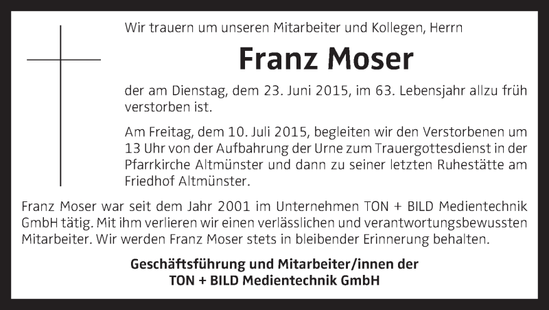  Traueranzeige für Franz Moser vom 08.07.2015 aus OÖNachrichten