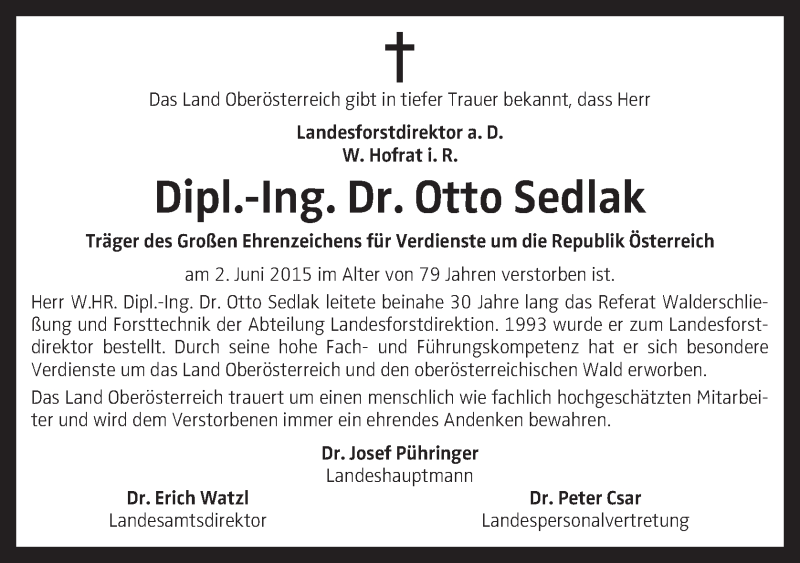  Traueranzeige für Otto Sedlak vom 10.06.2015 aus OÖNachrichten