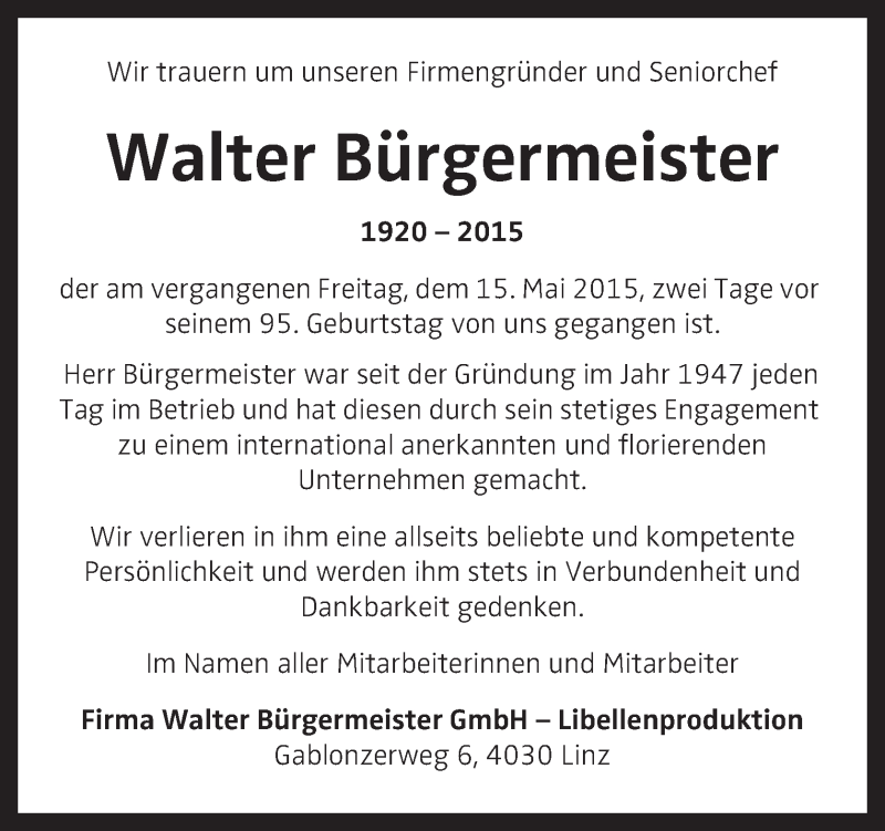  Traueranzeige für Walter Bürgermeister vom 21.05.2015 aus OÖNachrichten