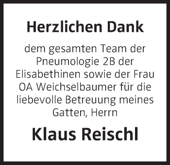 Traueranzeige von Klaus Reischl von OÖNachrichten