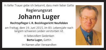Traueranzeige von Johann Luger von OÖNachrichten