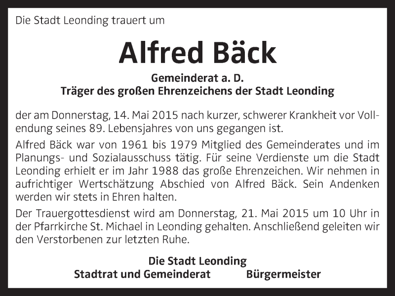  Traueranzeige für Alfred Bäck vom 20.05.2015 aus OÖNachrichten