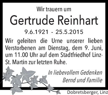 Traueranzeige von Gertrude Reinhart von OÖNachrichten