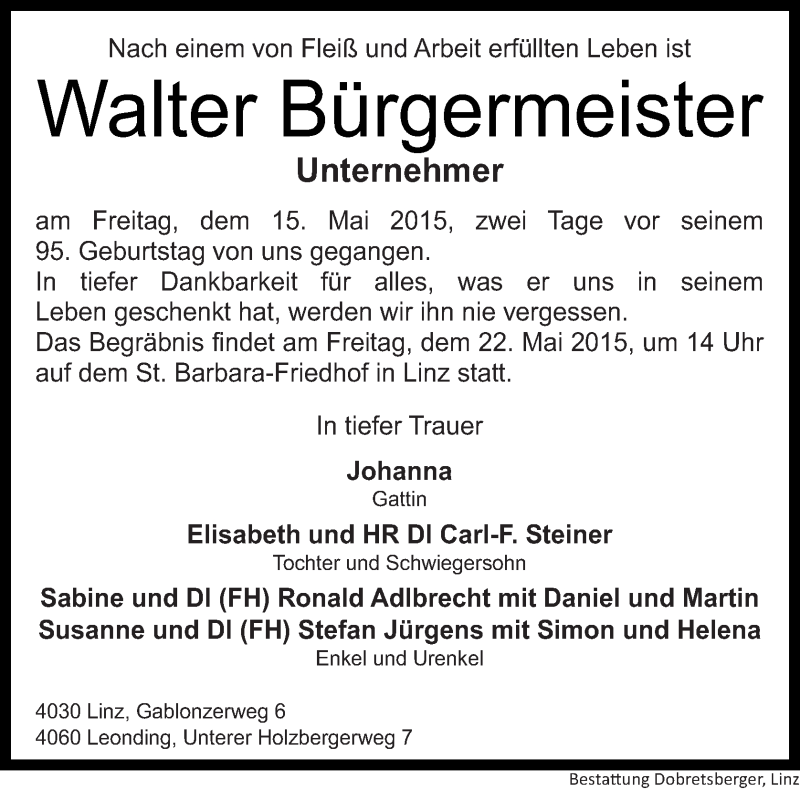  Traueranzeige für Walter Bürgermeister vom 19.05.2015 aus OÖNachrichten