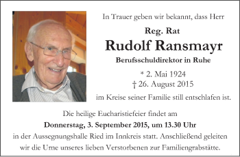 Traueranzeige von Rudolf Ransmayr von OÖNachrichten