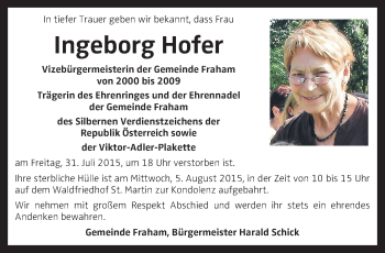 Traueranzeige von Ingeborg Hofer von OÖNachrichten