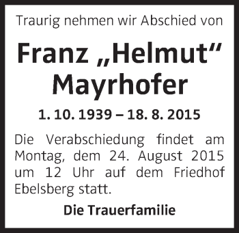 Traueranzeige von Franz Mayrhofer von OÖNachrichten