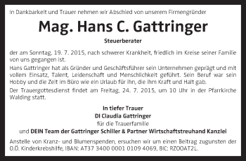 Traueranzeige von Hans C. Gattringer von OÖNachrichten