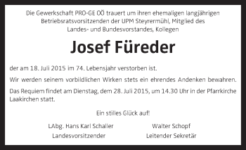 Traueranzeige von Josef Füreder von OÖNachrichten