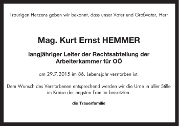 Traueranzeige von Kurt Ernst Hemmer von OÖNachrichten