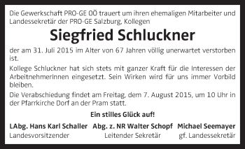 Traueranzeige von Siegfried Schluckner von OÖNachrichten