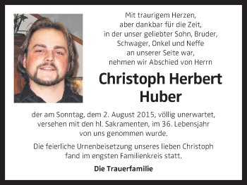 Traueranzeige von Christoph Herbert Huber von OÖNachrichten
