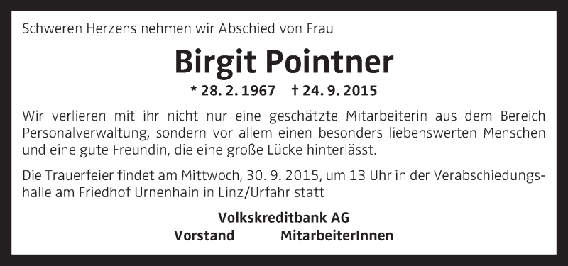  Traueranzeige für Birgit Pointner vom 29.09.2015 aus OÖNachrichten