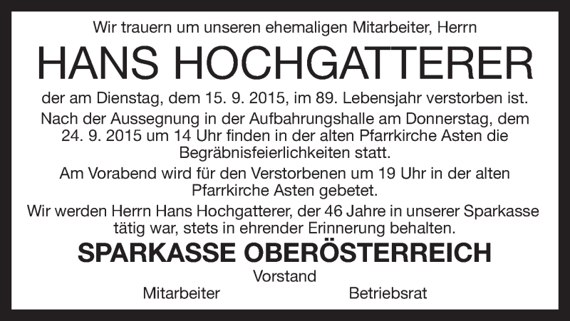  Traueranzeige für Hans Hochgatterer vom 23.09.2015 aus OÖNachrichten