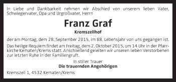 Traueranzeige von Franz Graf von OÖNachrichten