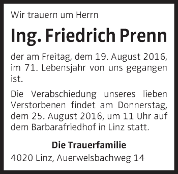 Traueranzeige von Friedrich Prenn von OÖNachrichten