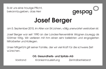 Traueranzeige von Josef Berger von OÖNachrichten