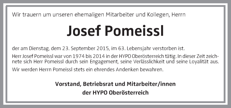  Traueranzeige für Josef Pomeissl vom 29.09.2015 aus OÖNachrichten