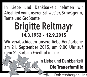 Traueranzeige von Brigitte Reitmayr von OÖNachrichten