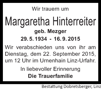 Traueranzeige von Margaretha Hinterreiter von OÖNachrichten
