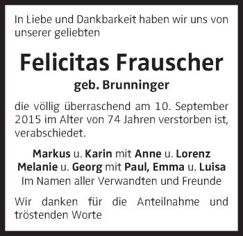 Traueranzeige von Felicitas Frauscher von OÖNachrichten