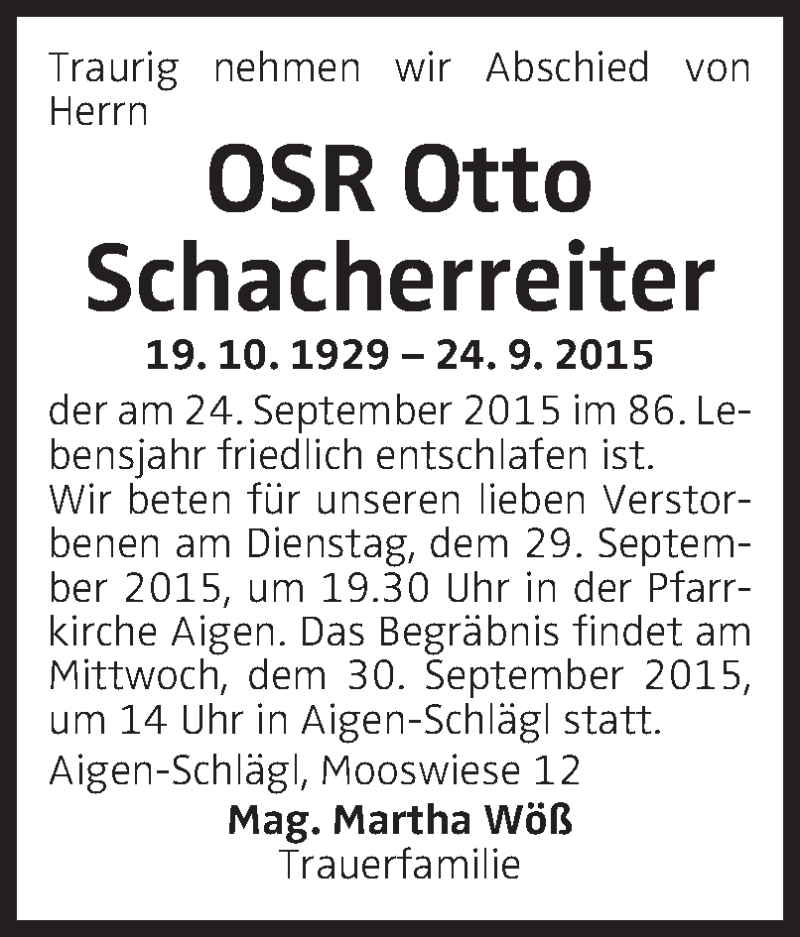  Traueranzeige für Otto Schacherreiter vom 29.09.2015 aus OÖNachrichten