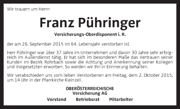 Traueranzeige von Franz Pühringer von OÖNachrichten