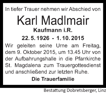 Traueranzeige von Karl Madlmair von OÖNachrichten