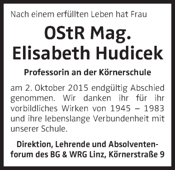 Traueranzeige von Elisabeth Hudicek von OÖNachrichten