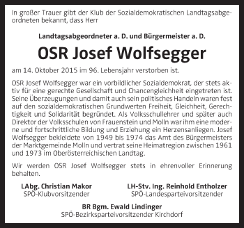 Traueranzeige von Josef Wolfsegger von OÖNachrichten