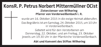 Traueranzeige von Petrus Norbert Mittermüllner von OÖNachrichten