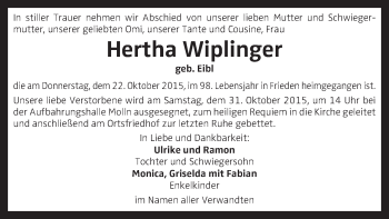 Traueranzeige von Hertha Wiplinger von OÖNachrichten