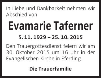 Traueranzeige von Evamarie Taferner von OÖNachrichten