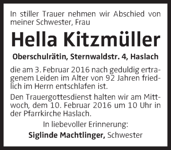 Traueranzeige von Hella Kitzmüller von OÖNachrichten