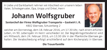 Traueranzeige von Johann Wolfsgruber von OÖNachrichten