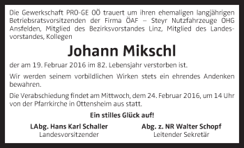 Traueranzeige von Johann Mikschl von OÖNachrichten