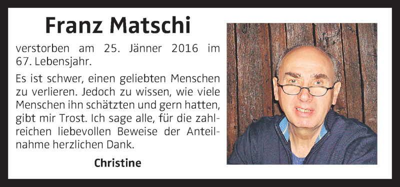  Traueranzeige für Franz Matschi vom 13.02.2016 aus OÖNachrichten