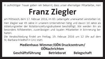 Traueranzeige von Franz Ziegler von OÖNachrichten