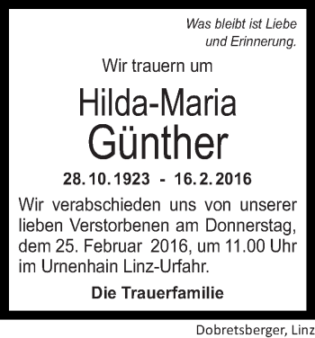 Traueranzeige von Hilda-Maria Günther von OÖNachrichten