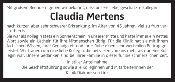 Traueranzeige von Claudia Mertens von OÖNachrichten