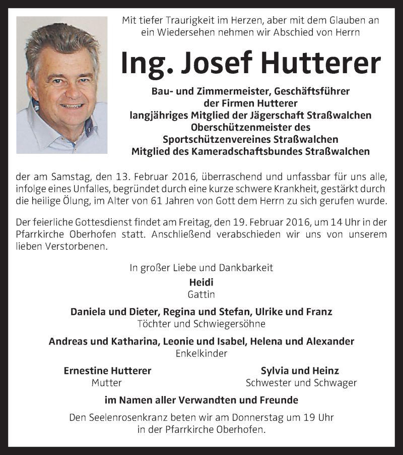  Traueranzeige für Josef Hutterer vom 18.02.2016 aus OÖNachrichten