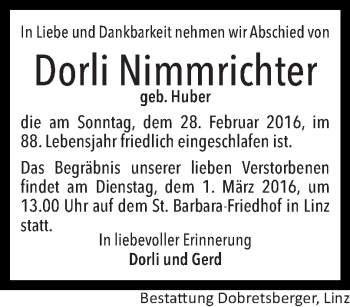 Traueranzeige von Dorli Nimmrichter von OÖNachrichten